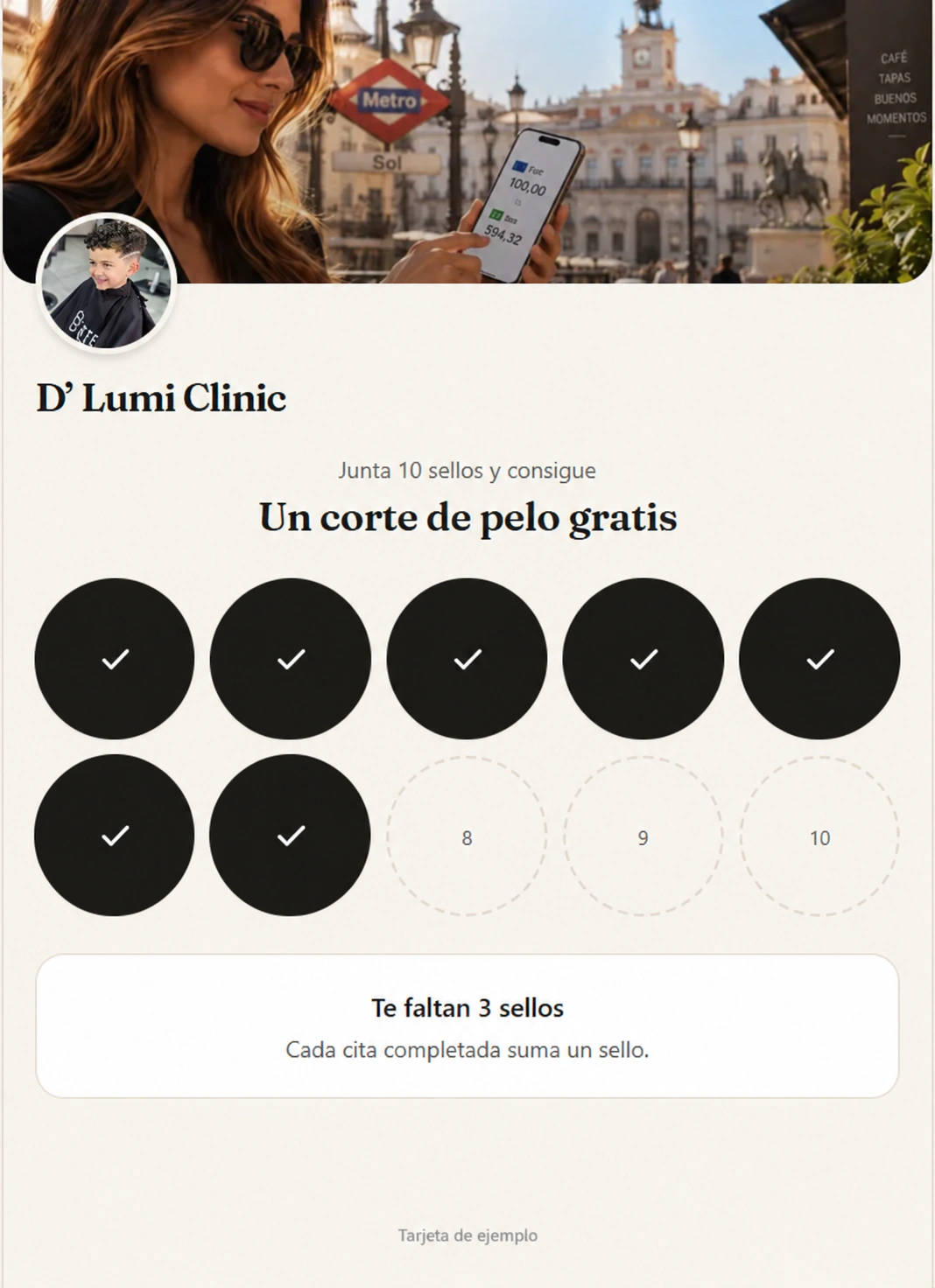 Tarjeta digital de ejemplo con siete de diez sellos completados