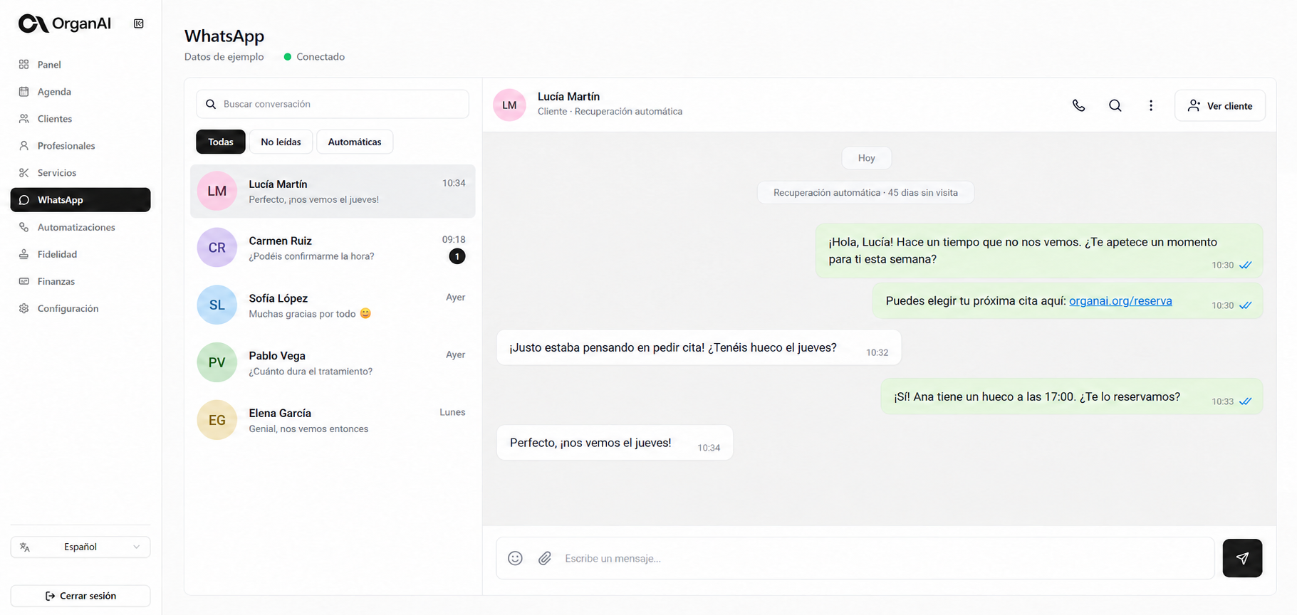Bandeja de WhatsApp de OrgaNai con una conversación de recuperación de ejemplo
